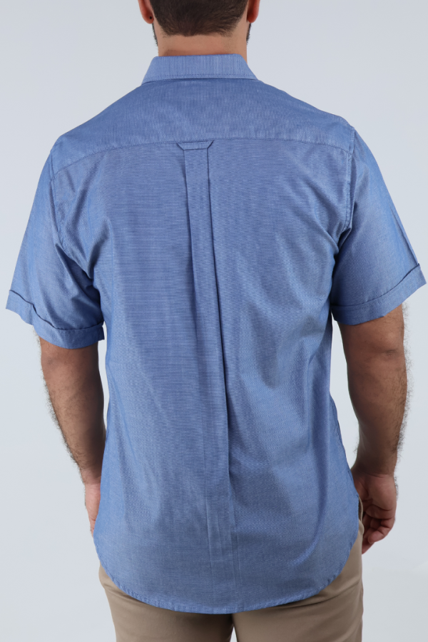 Camisa Formal Manga Corta Azul Jaspe Tela Con Textura para Hombre